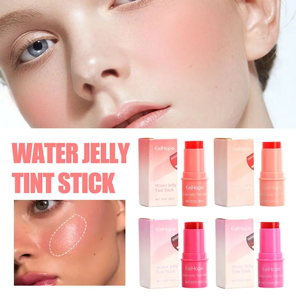 Water Jelly Tint Stick Lip Cheek Blush Stain Rotatable Rouge Stick Blusher Pen 4 Powder Coloring Moisturizing Easy Colors D0i4