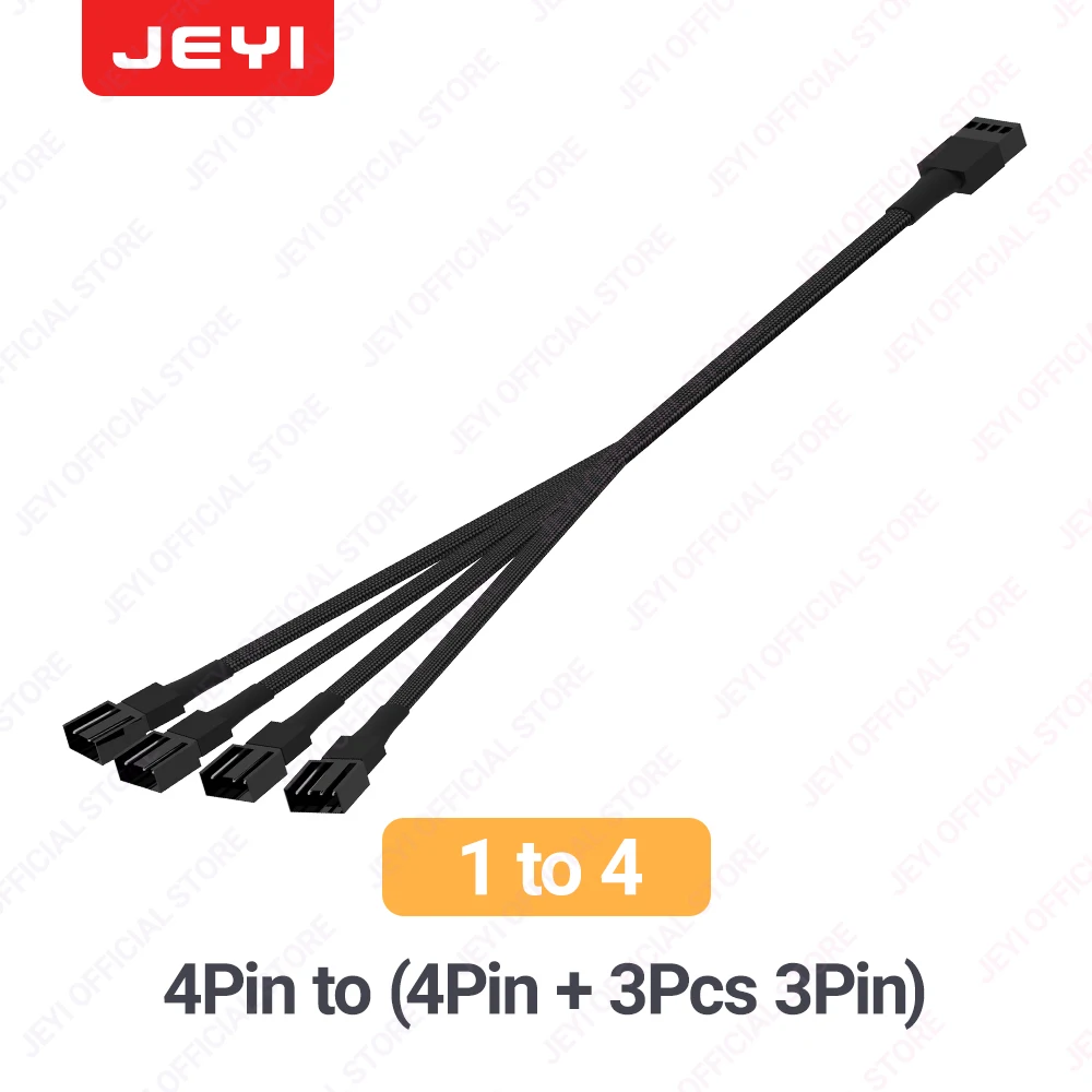 JEYI PC Fan Splitter Verlengkabel - 1 tot 4 PWM Fan Gevlochten Verlengkabel voor Moederbord, Desktop Computer CPU Fan