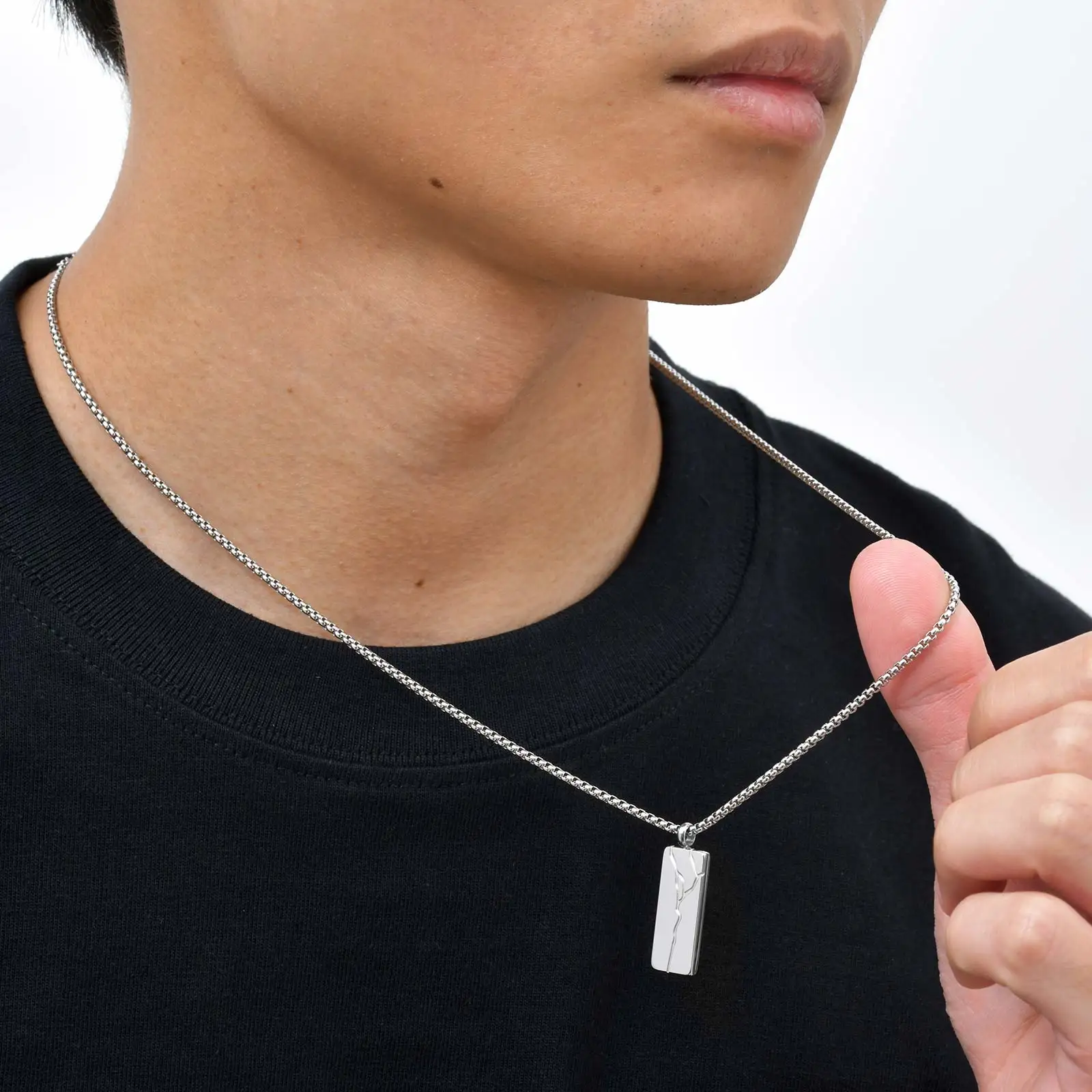 Edelstahl Punk Cracked Square Anhänger Halskette für Männer, minimalistische Hip Hop geometrische Halskette Box Kette, Modeschmuck – Detail 4