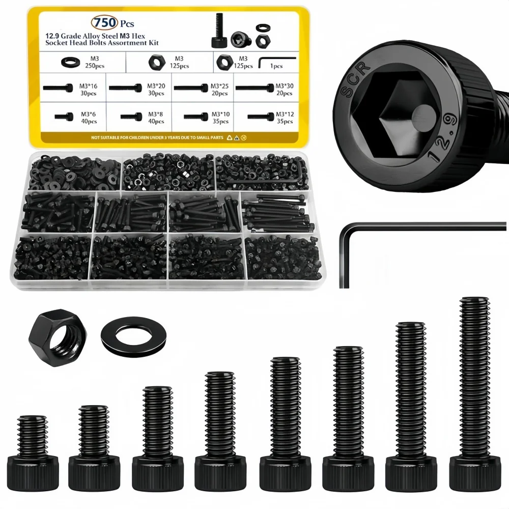 750PCS 3D Printer M3 Screws Assortment Kit, M3x6/8/10/12/16/20/25/30 mm Hex Socket Head Bolts, Nuts & Washers Assorted Set