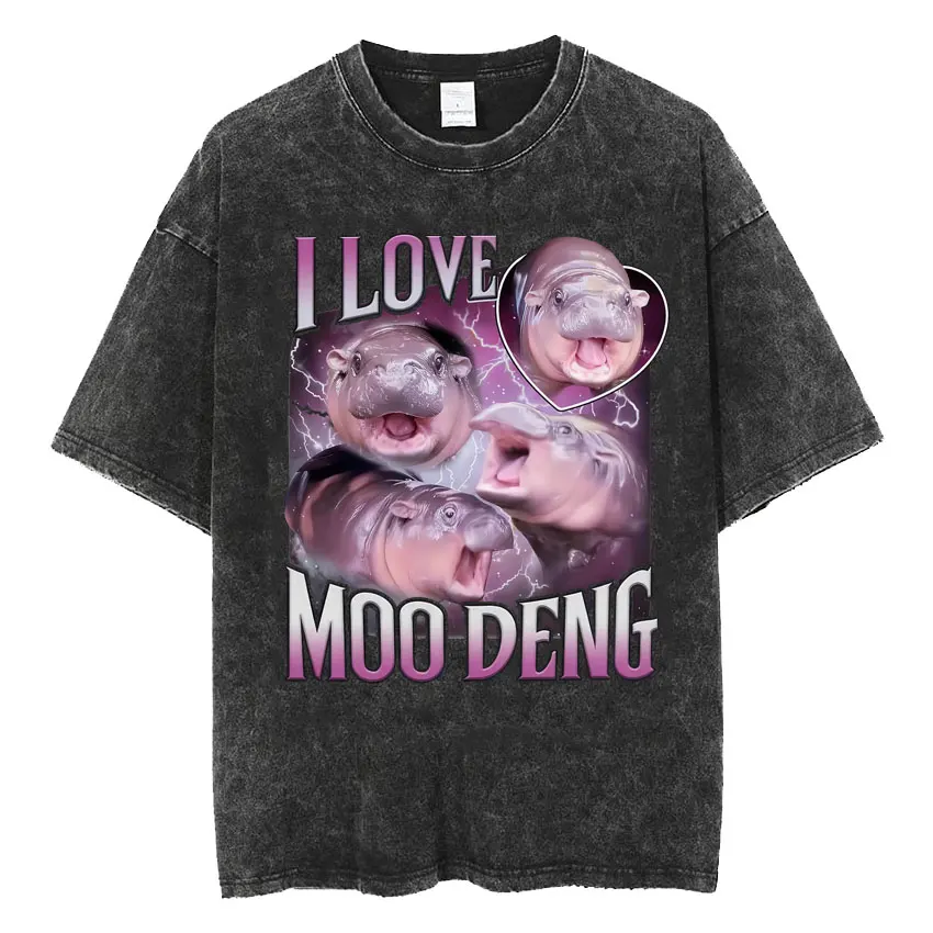 Moo Deng Pink Love Funny Cute Hippo Family T Shirt Men Fashion Harajuku Oversized T-shirt Unisex Summer Vintage Washed T-shirts