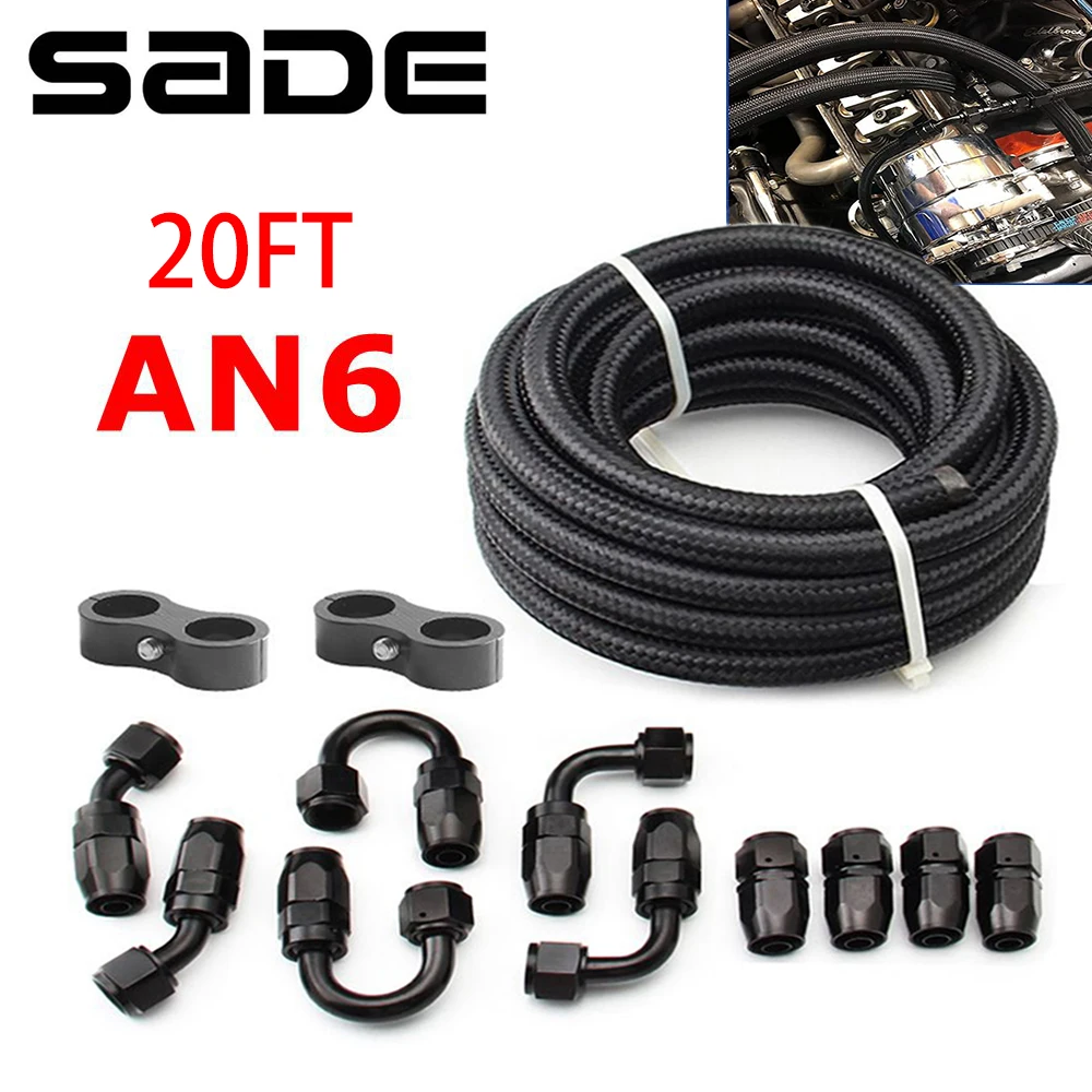 6M 6AN AN6 20FT Black Braided Oil Fuel Fittings Hose End 0+45+90+180 Degree Oil Adaptor Kit Oil Fuel Hose Line With Clamps