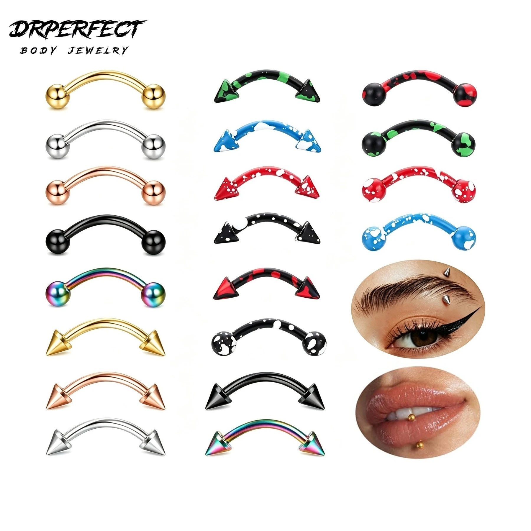 Drperfect 16G Stainless Steel Eyebrow Rings Lip Ring Barbell Curved Tragus Rook Earring Acrylic Piercing Jewelry for Women Men