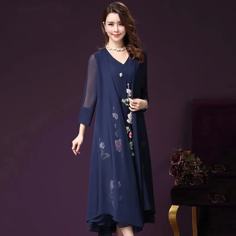 High-End-langes Chiffon-Kleid Frühling Sommer im chinesischen Stil bestickte Kleider Frauen elegantes gefälschtes zweiteiliges Kleid JJ243