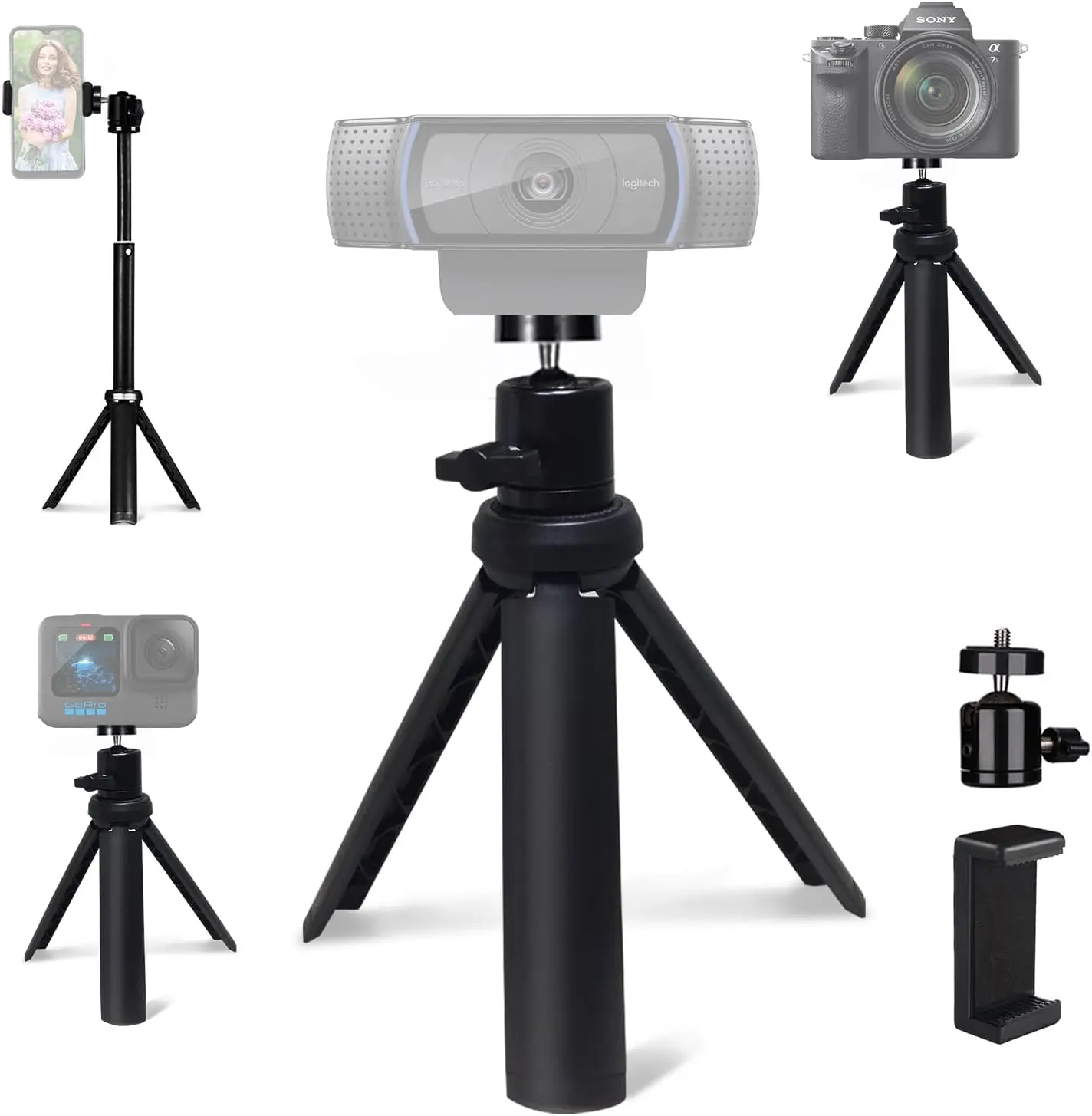 Mini Tripod for Camera/Phone/Webcam, Adjustable Stand 3-13in, 1/4