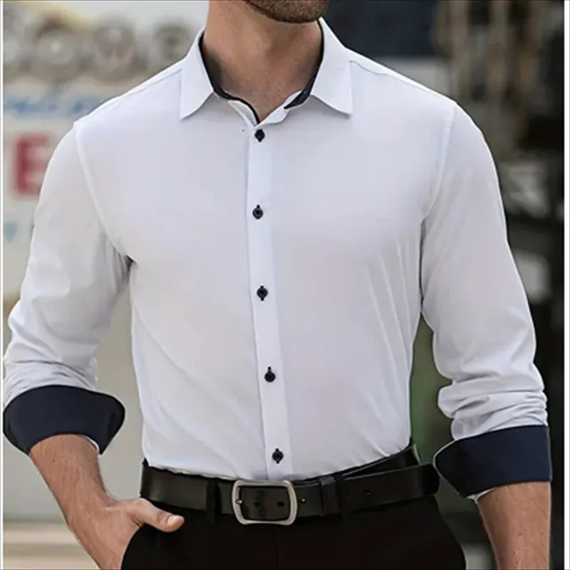 2024 New Men's Shirt Long Sleeve Casual Business Solid Color Collar Pocket Daily Beach Vacation Comfortable Top