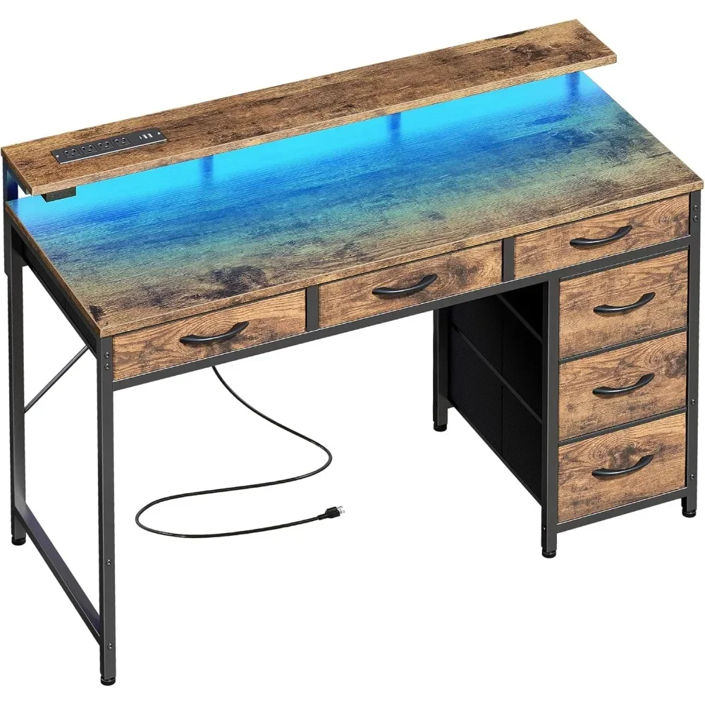 Gaming Desk with 6 Drawers, Computer Desk with LED Lights Power Outlets and Type-C