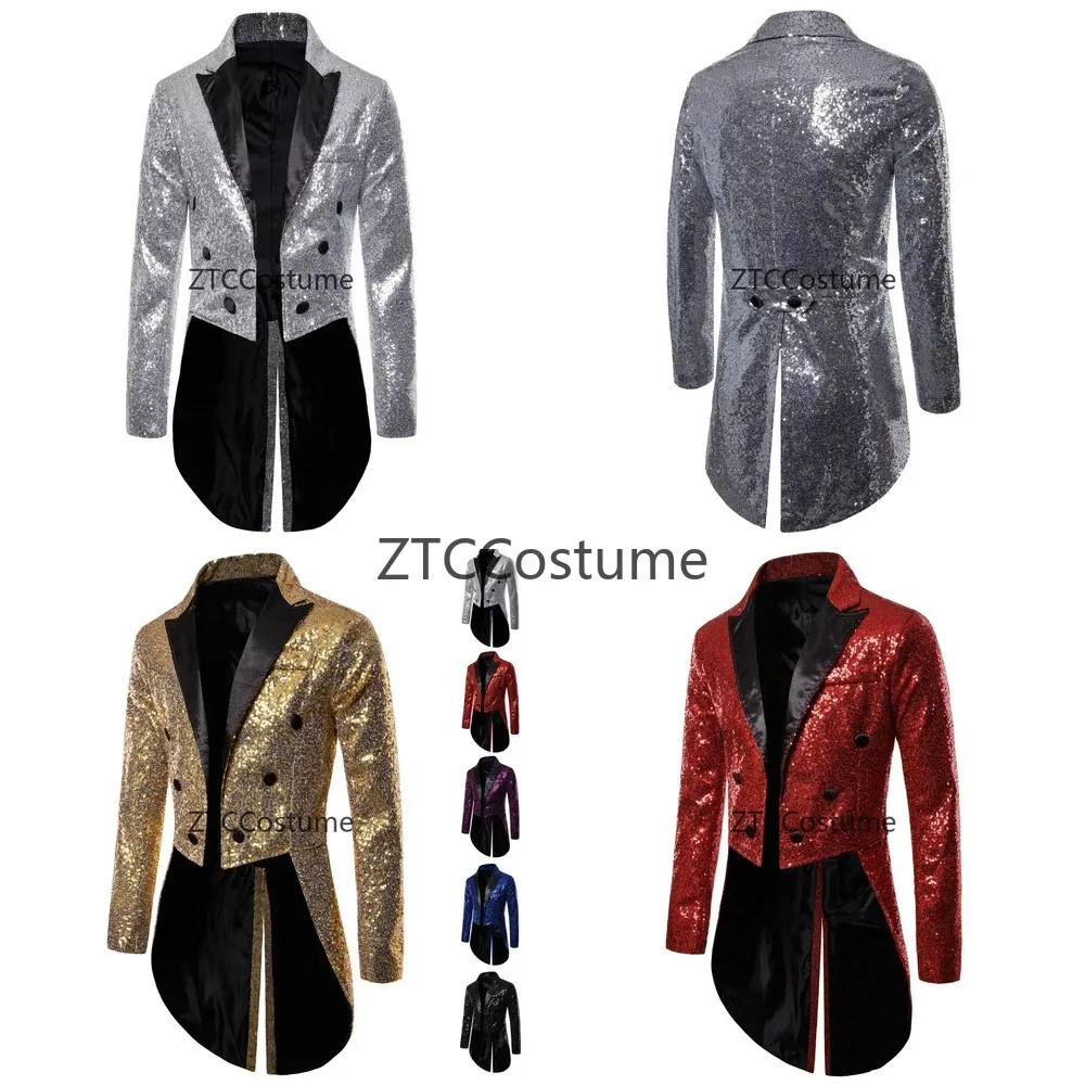 

Cosplay Mens Sequin Double Breasted Tailcoat Silver Shiny Blazer Black Contrast Evening Jacket Stage Performance Party Wedding