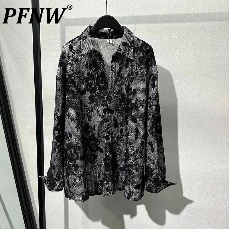 

PFNW Autumn Men's Darkwear Lace Embroidery Shirts Loose Fashionable Long Sleeved High Street Print Light Luxury Ins Tops 21Z1198