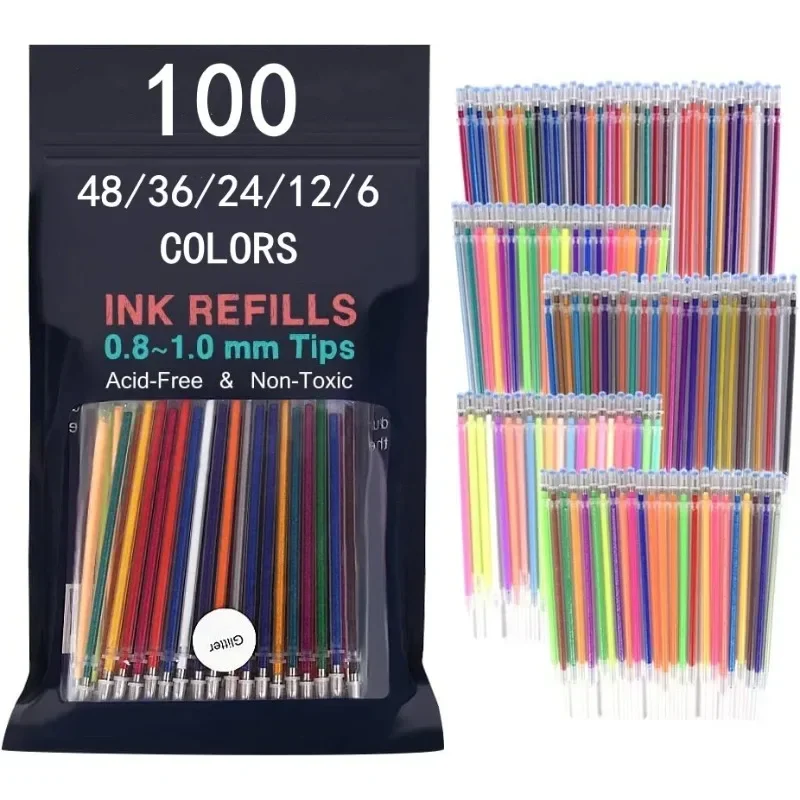 100/48/36/24/12 Colors Gel Pen Refills - Glitter Metallic Pastel Fluorescence Neon, Pen Ink Refills for Adult Coloring Books