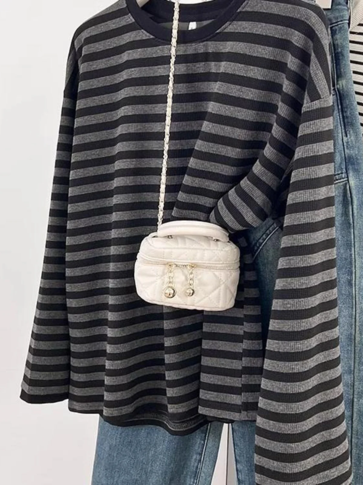 

Extra Large 300 Pou Patchwork Striped Long Sve T-irt ex Spring Autumn American Retro Color Blo Loose Top