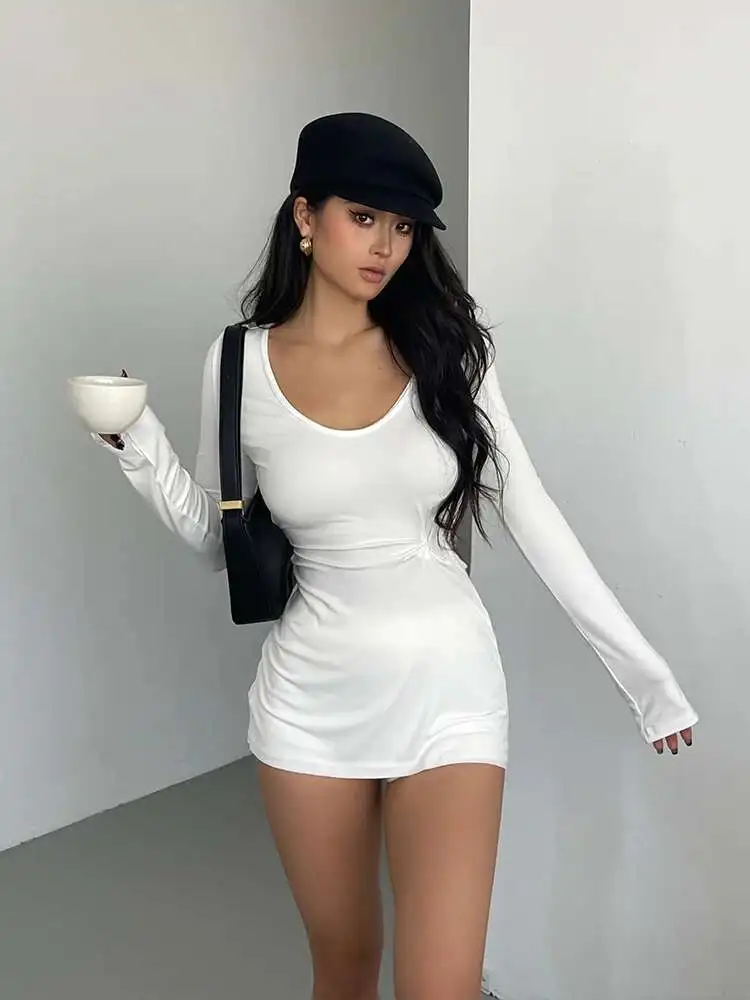 WOMENGAGA O-neck Long Sleeved Medium Length T-shirt Mini Dress For Women's Autumn New Thin Fashion Loose Korean Women A7YX