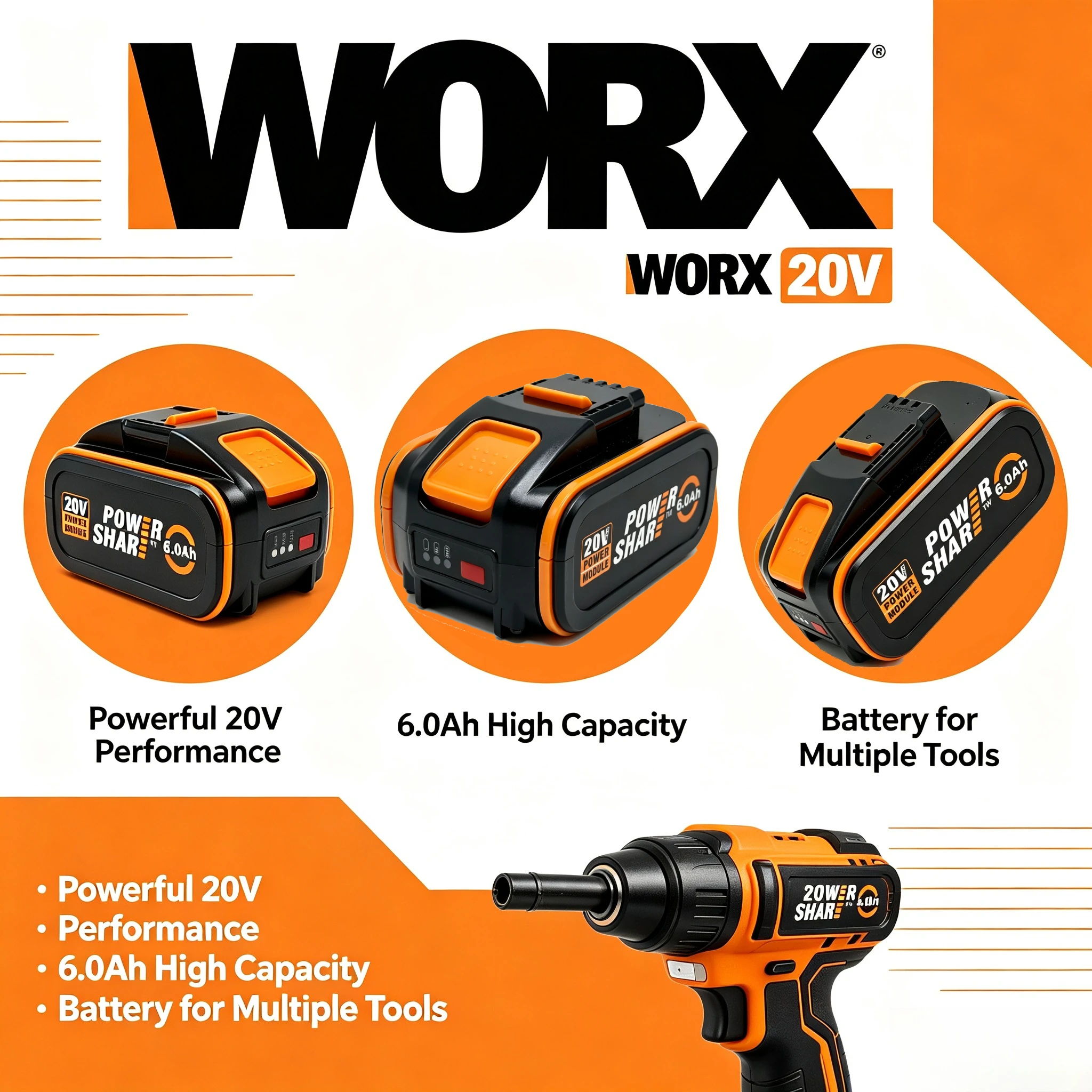 NEW WORX 20V 6.0Ah 4Pin Lithium Battery WA3551 Smart Chip Lithium Battery Long Cycle Life for WORX WX394 WG630 Home Power Tools