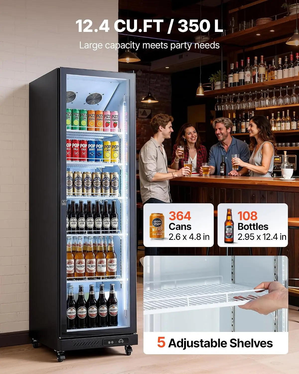 Commercial Merchandiser Refrigerator, 12.4 Cu.Ft / 350 L Glass Door Display Refrigerator, Upright Beverage Cooler Fridge with 5