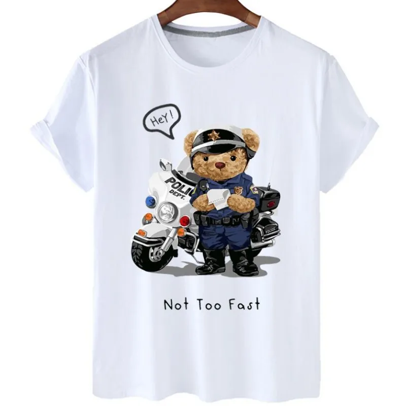 Fighter Pilot Teddy Bear Graphic T-Shirt Casual Oversized Short-Sleeved Ins T-Shirt Top for Men Polyester fabricQ1