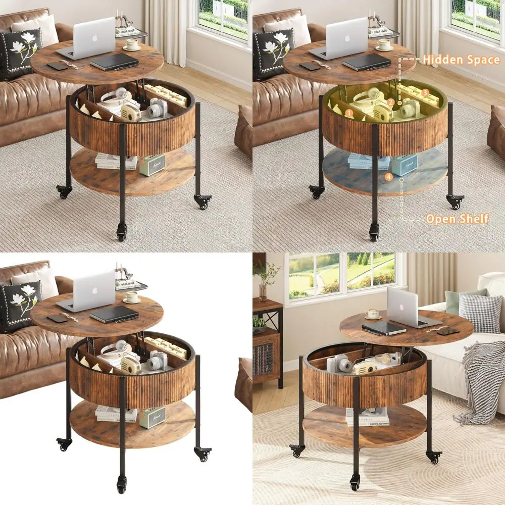 

Rustic Round Lift-Top Coffee Table with Storage, Brown, for Living Room and Home Office