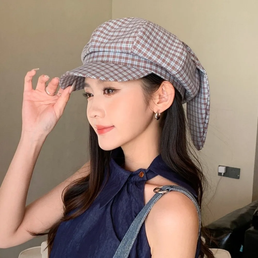 

Korean Style Rabbit Ears Octagonal Hat Big Head Circumference Versatile Plaid Beret Sunscreen Polyester Spring Painter Cap Work