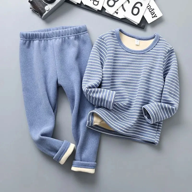 2 Pcs/Set Children's Thermal Underwear Autumn Winter Boys Girls Pajamas Velvet Thicken Inner Top Pants Suit Baby Clothing