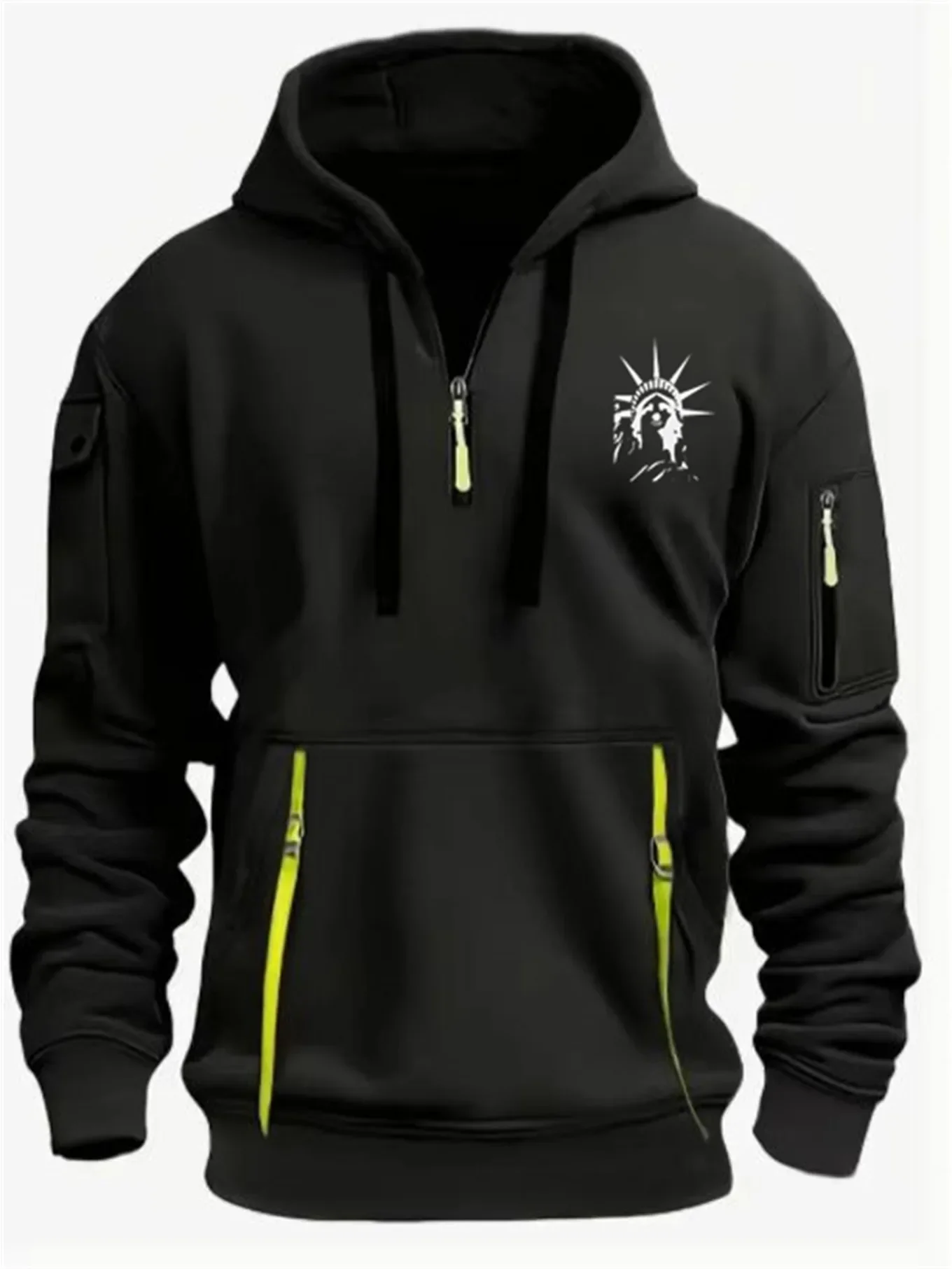 Men's and women's hooded hoodies autumn edition with multiple zippers and pockets featuring a goddess statue pattern print