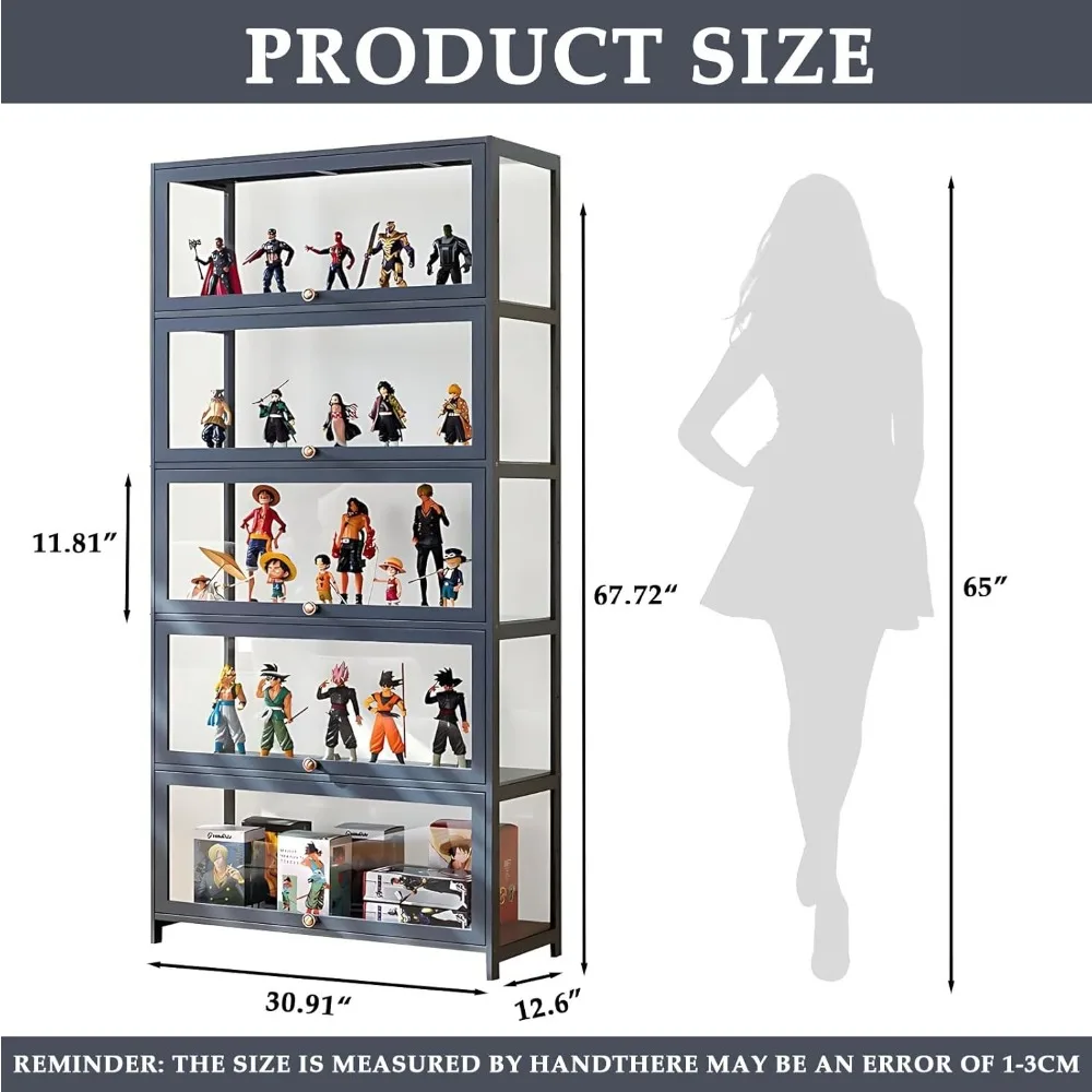 5-Tier Bamboo Display Cabinet with Acrylic Doors for Collectible Figures and Kids' Items