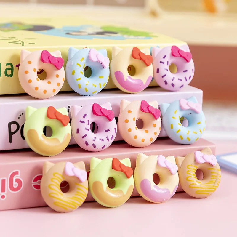 Juego de gomas de borrar de goma para escribir y dibujar, suministros escolares de papelería, Kawaii, Color caramelo, lindo gato, Donut, 6 unids/lote por caja