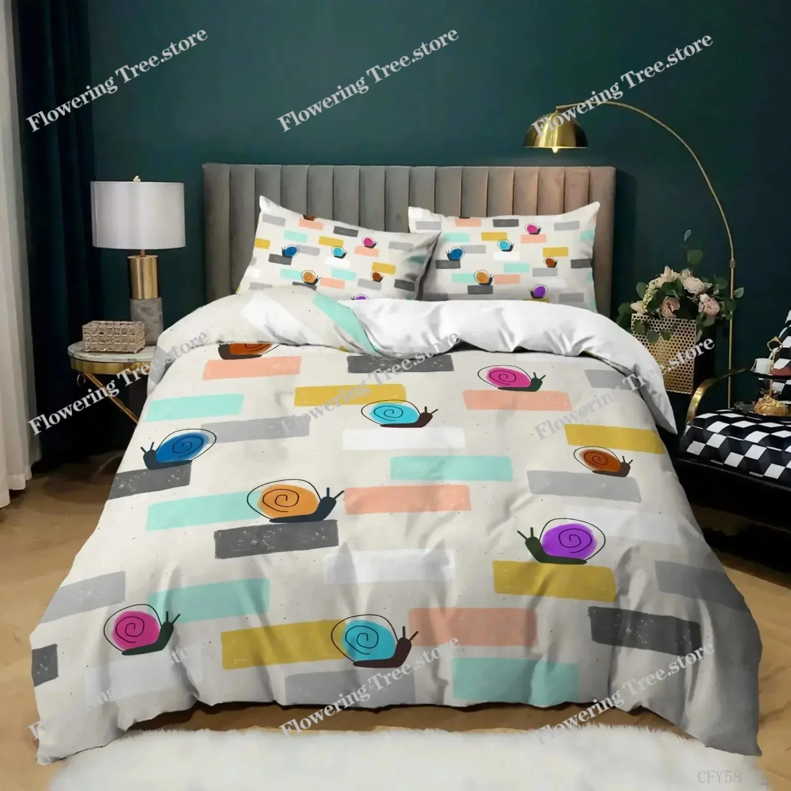 Colourful Snail Duvet Cover Set Cute Kawaii Animal Polyester Comforter Cover King Queen Size For Kids Boys Girls Bedding Set