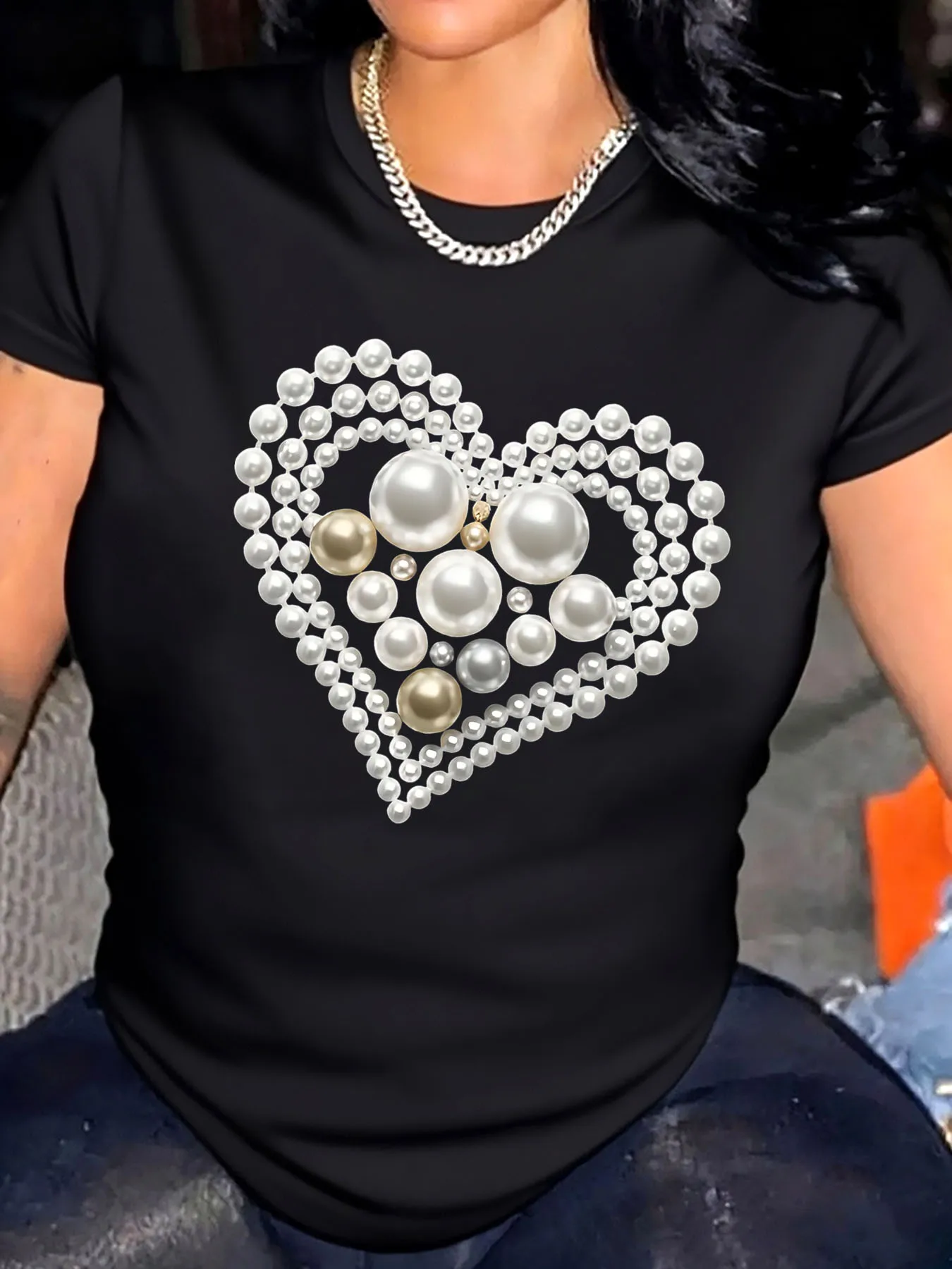 

Женская футболка больших размеров с жемчугом на день Святого Валентина и принтом сердца, повседневная уличная одежда