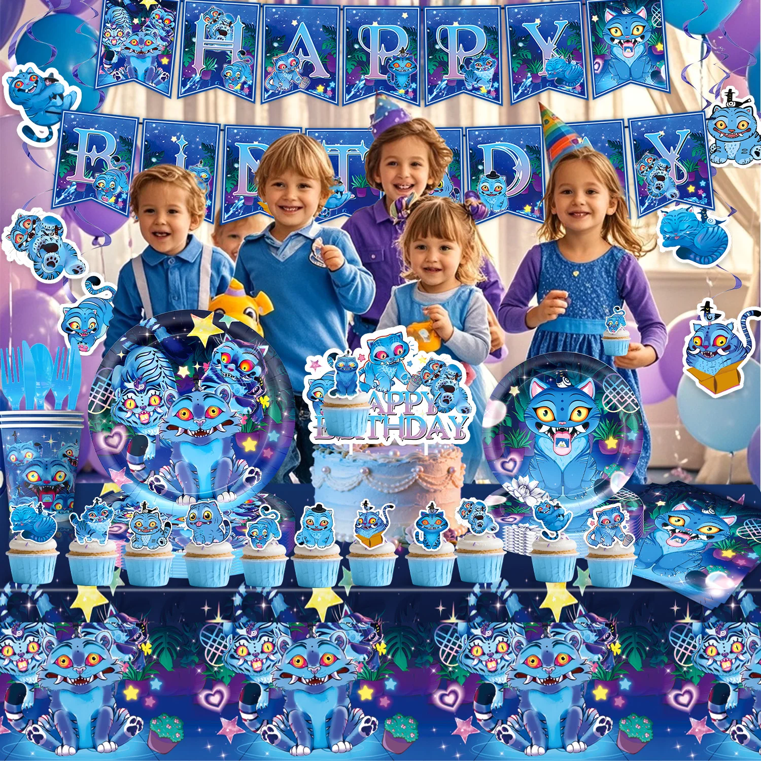 جديد شيطان هنتر النمر ديربي الطرف الديكور مجموعة أدوات المائدة كأس لوحة بالون للأطفال عيد ميلاد سعيد لوازم الحفلات كابينة تصوير