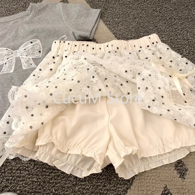 Sweet Short Sleeved T-shirt Women Summer Design Sense Lace Butterfly Round Neck Tops High Waisted Cake Skirt Two Piece Set