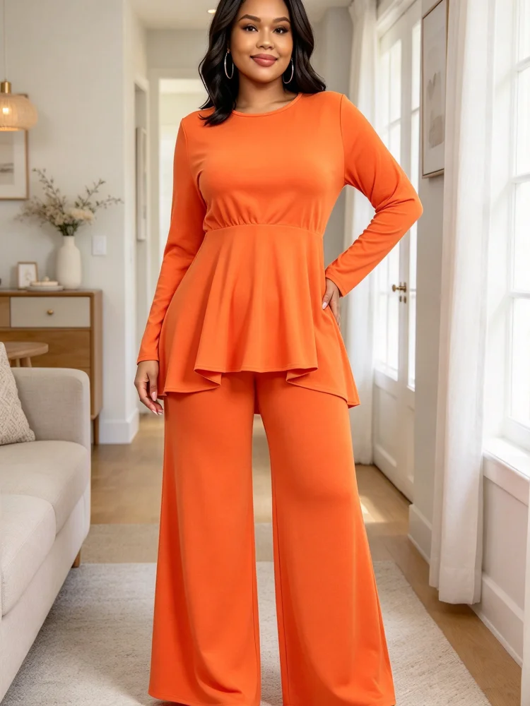 Plus Size Women 2 Piece Outfit Long Sleeve Round Neck Peplum Top Wide Leg Pants Set Solid Orange Casual Matching Set Daily