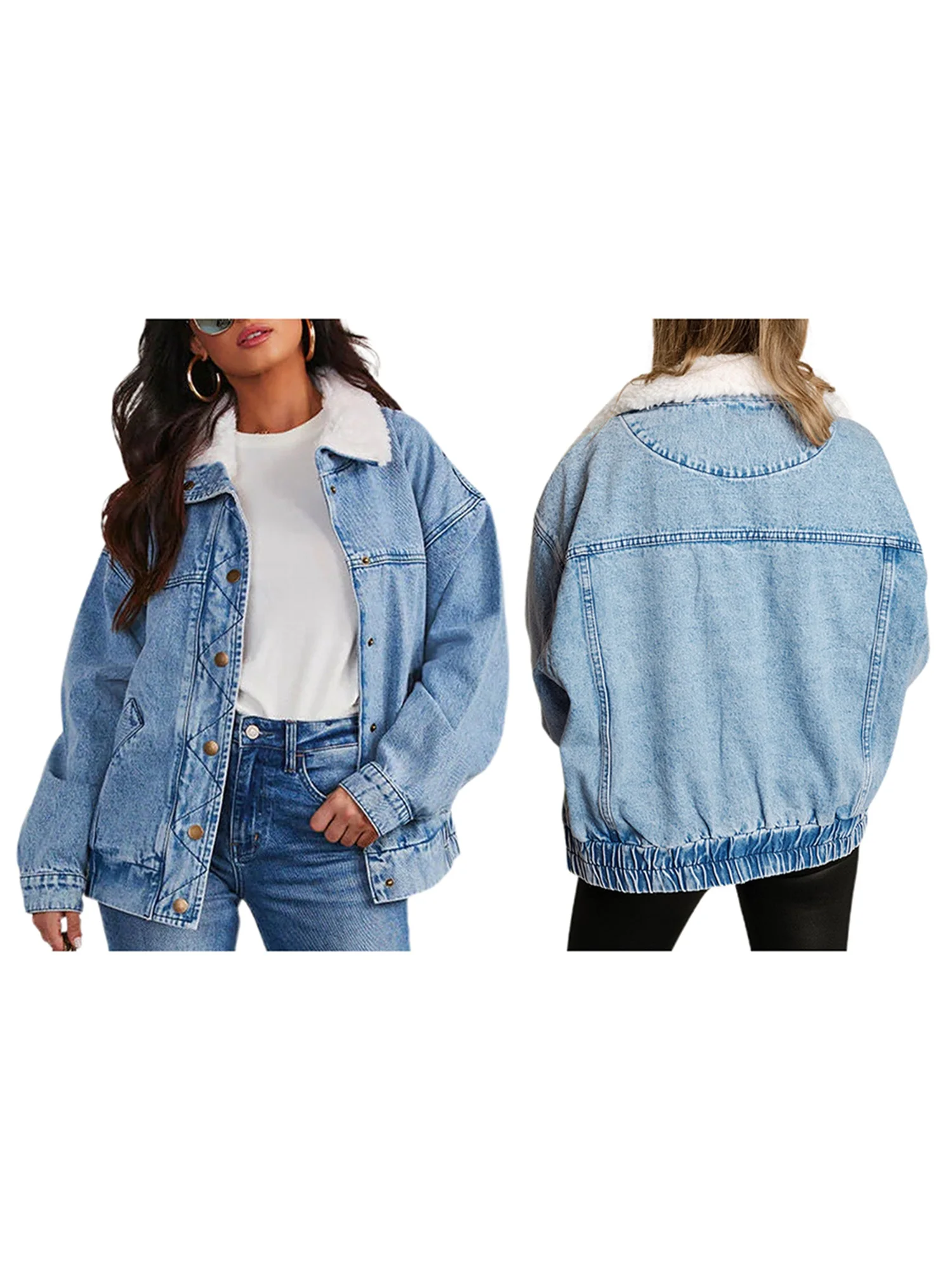 Ladies Vintage Denim Jacket with Sherpa Collar Stylish Long Sleeve Button Up Oversized Jean Coat Motorcycle Outwear