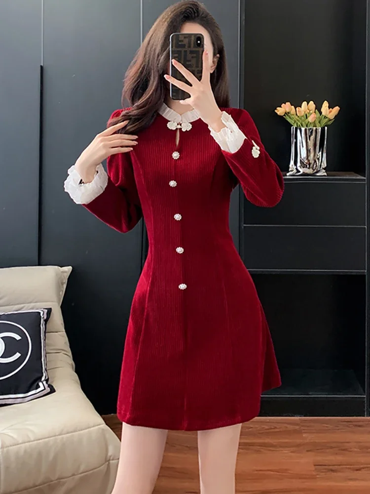 Autumn Winter Red Corduroy Chic Ruffled Collar Mini Dress Women Elegant Luxury Prom Clothes 2024 Korean Vintage Bodycon Vestidos