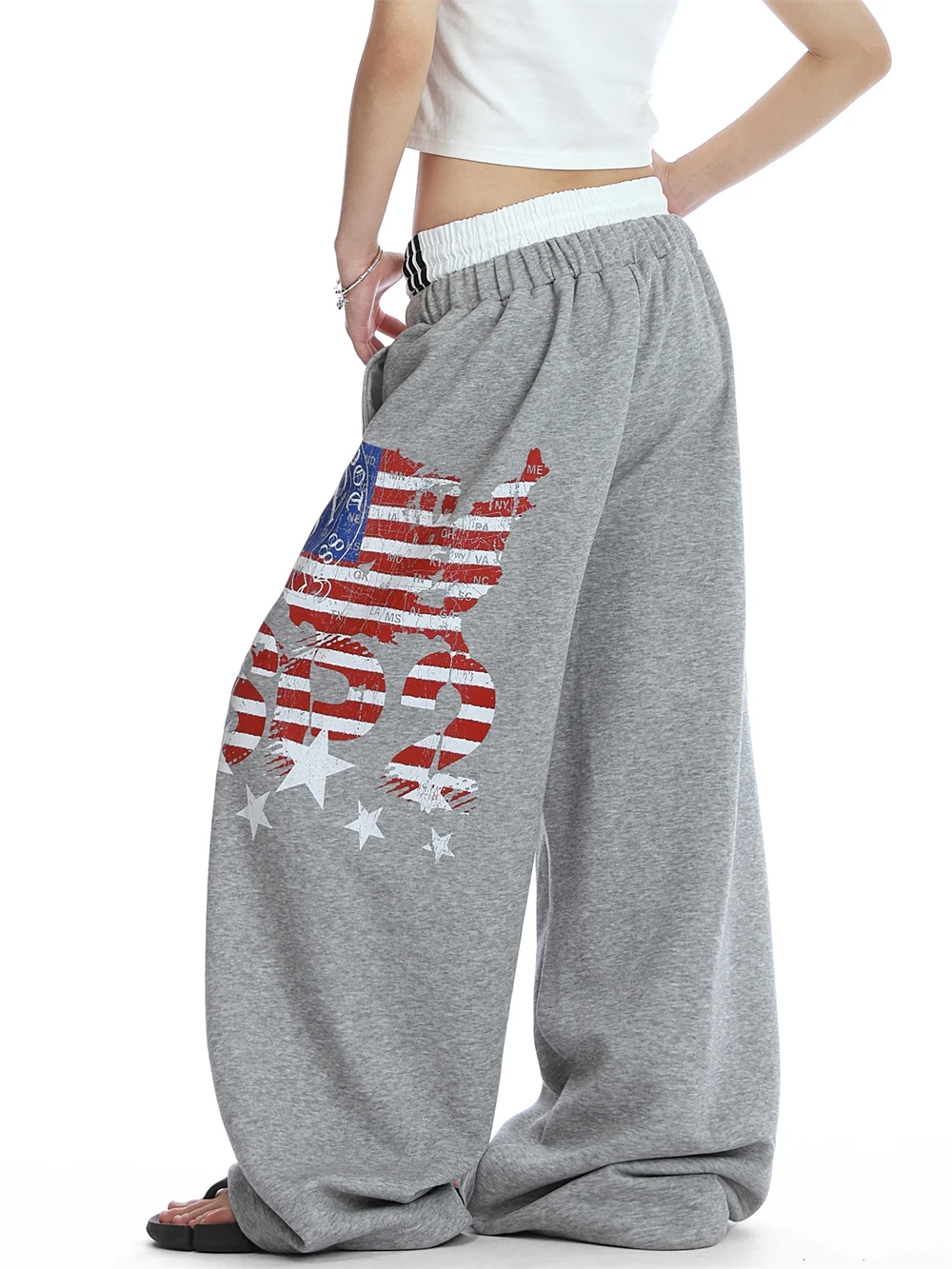 Women's Elastic Waist Sweat Pants Drawstring Long Trousers Patchwork Joggers American Retro Designer Baggy Wide Fit Boyfriend