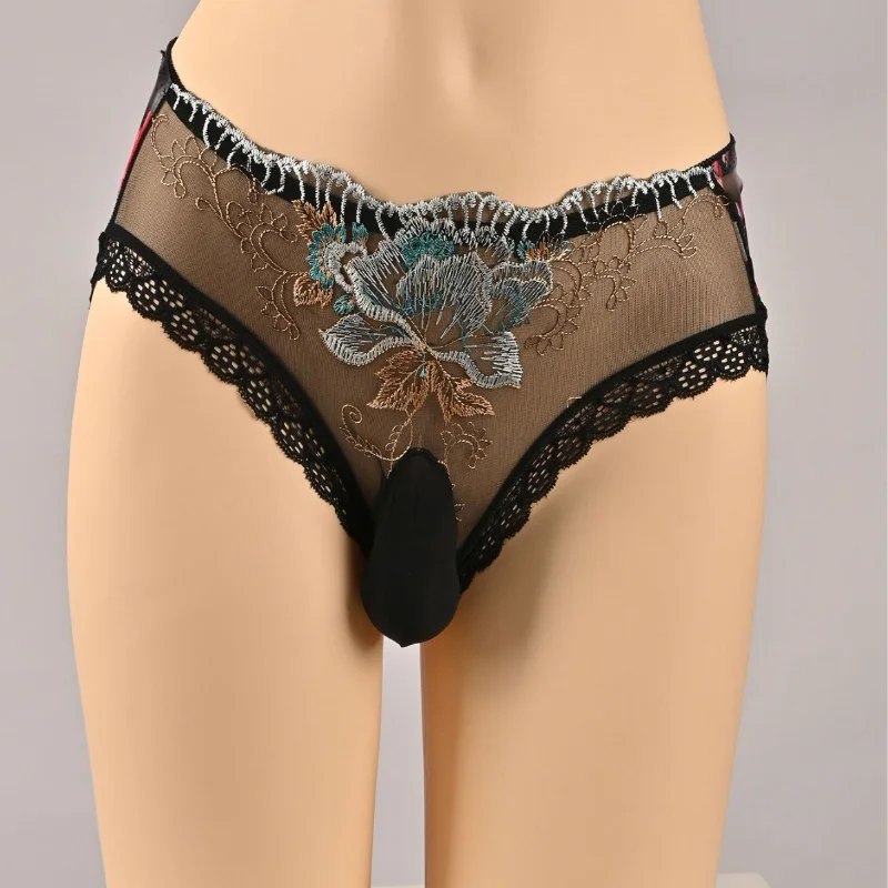 Sissy Panties For Men Lace Flowers Embroidery Briefs Breathable Perspective Underwear Gay Cross-Dresser Egg-Wrapped Underpants