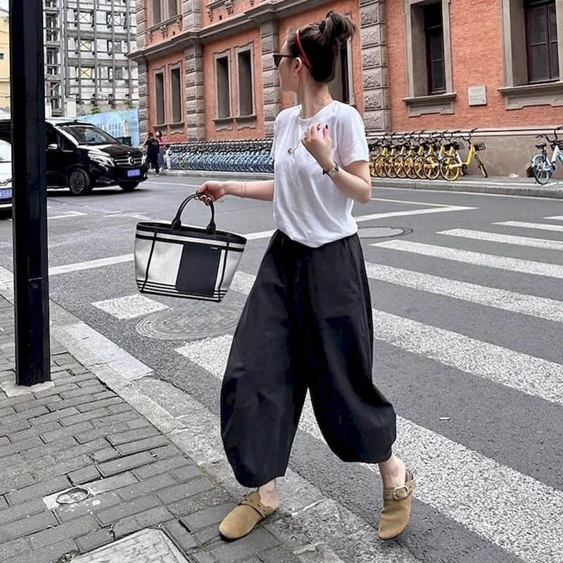 Baumwoll hose Frauen lose lässig Punkt gedruckt Baggy Pants Vintage Sommer koreanischen Stil elastische Taille kurze Hose Laterne Hose