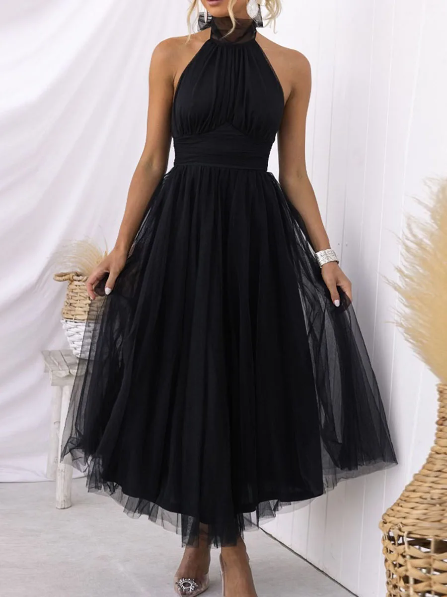 New Womens Backless Long Dress Adjustable Tie Halter Neck Tulle High Waist Solid Party Wedding Dress S-XL - Image 3