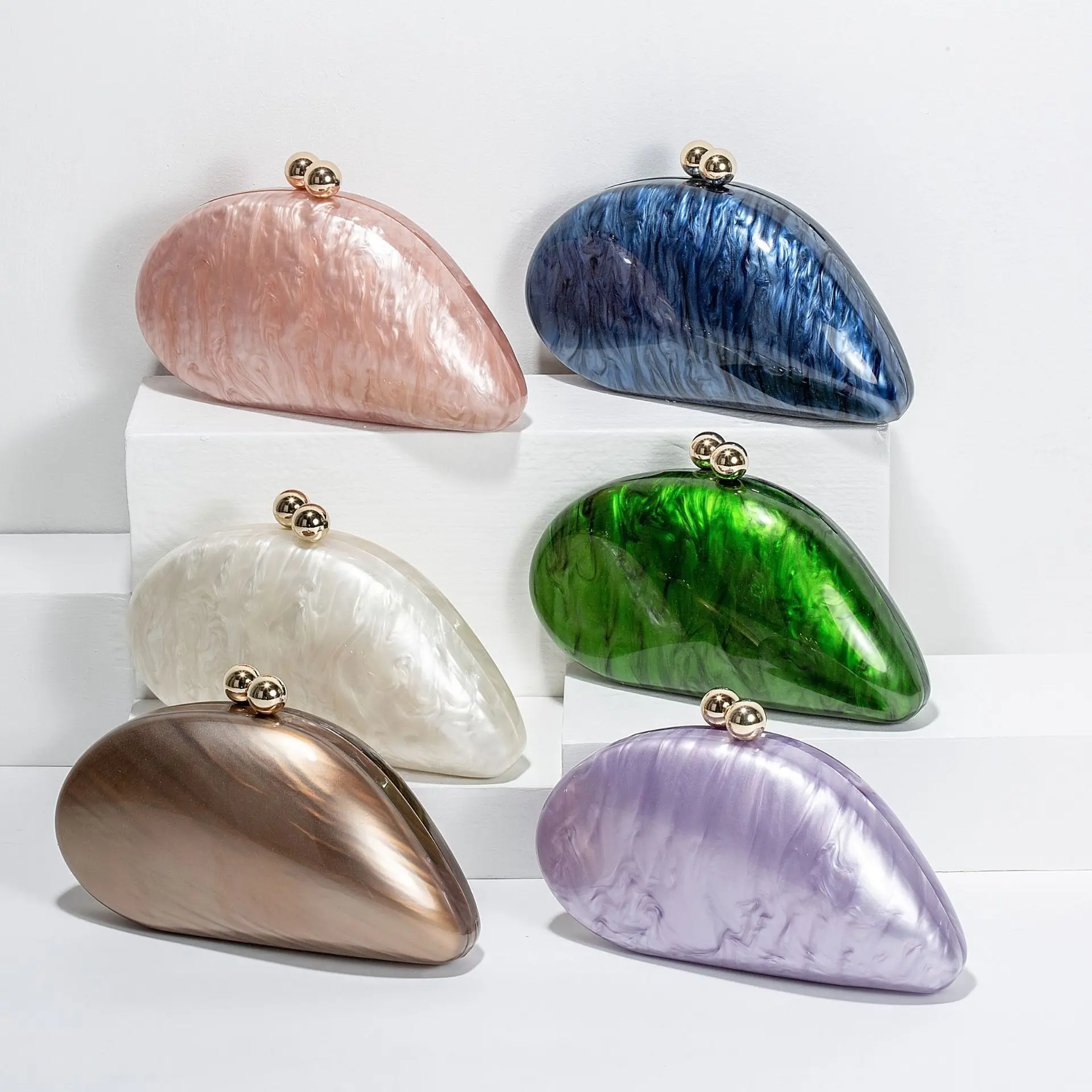 

2024 New Hot Sale Acrylic Shell Shape Clutch Bag Women Designer Evening Party Cute Pearl Egg Purse Blue Handbag Wholesale