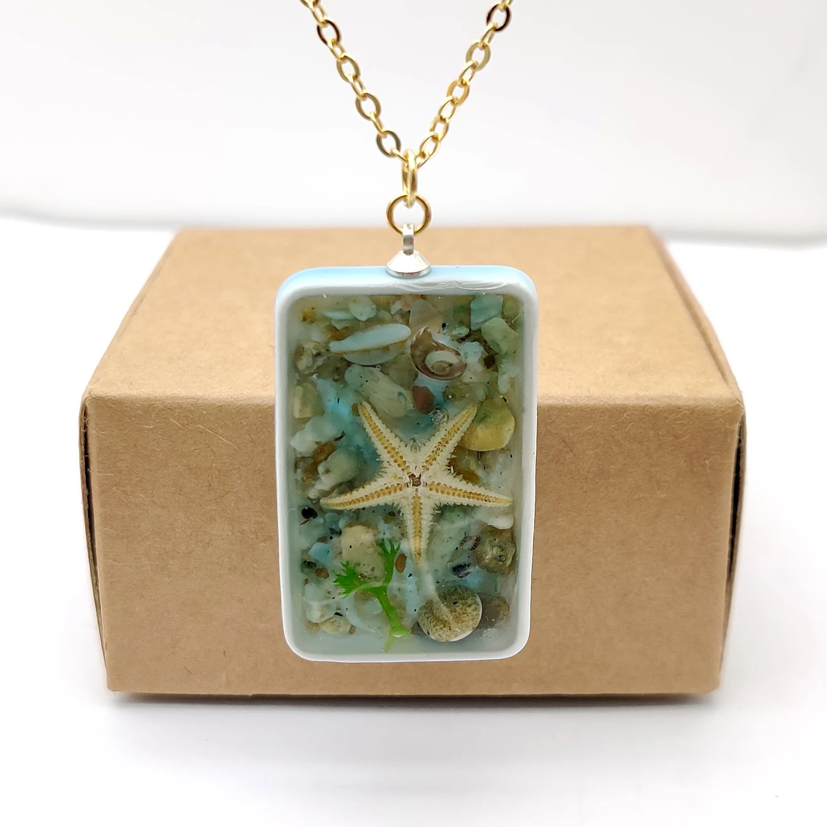 Starfish Natural Conch Sea Sand Resin Cuboid Porcelain Pendant Gold Color Chain Long Necklace Women Fashion Jewelry Handmade