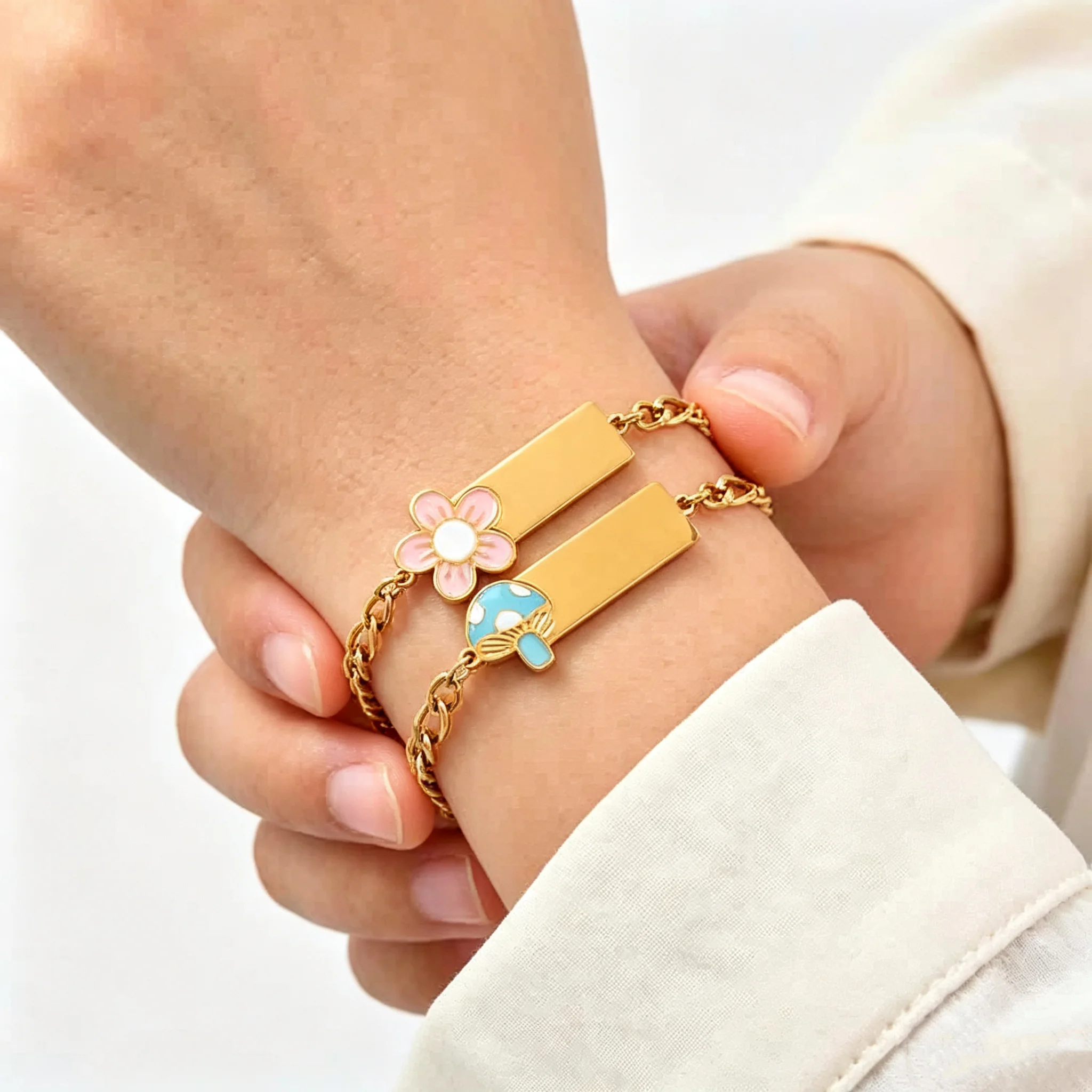 Personalized Name ID Bracelet for Girl Boy, Mushroom Flower Pattern Anti Allergy Stainless Steel Customize Jewelry for Children