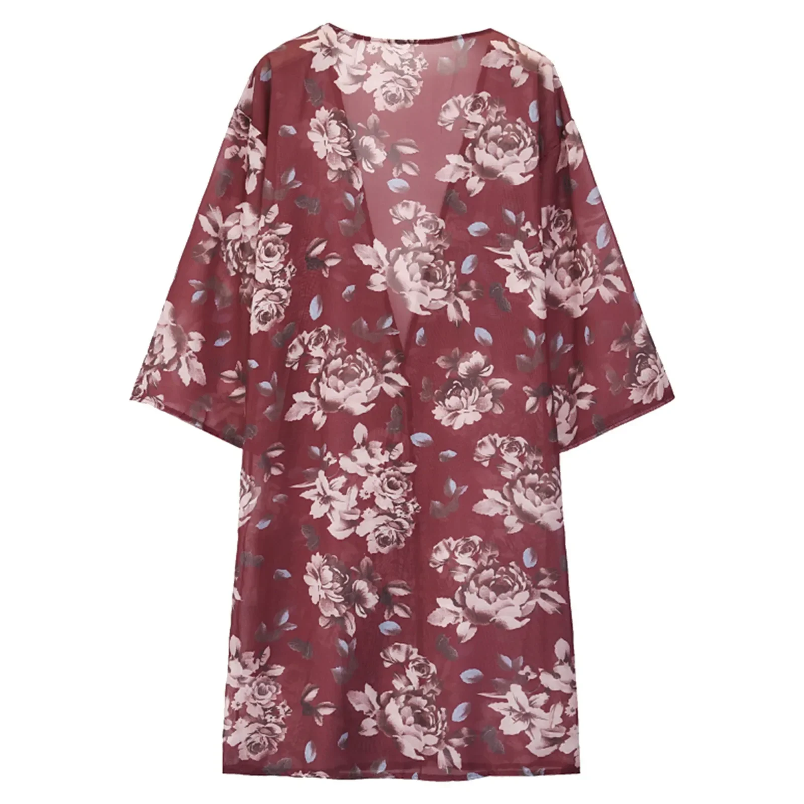 Traje de baño transparente sexy para playa, traje de baño de gasa de manga larga, nuevo estampado con dobladillo dividido, cárdigan de una pieza, vestido de playa