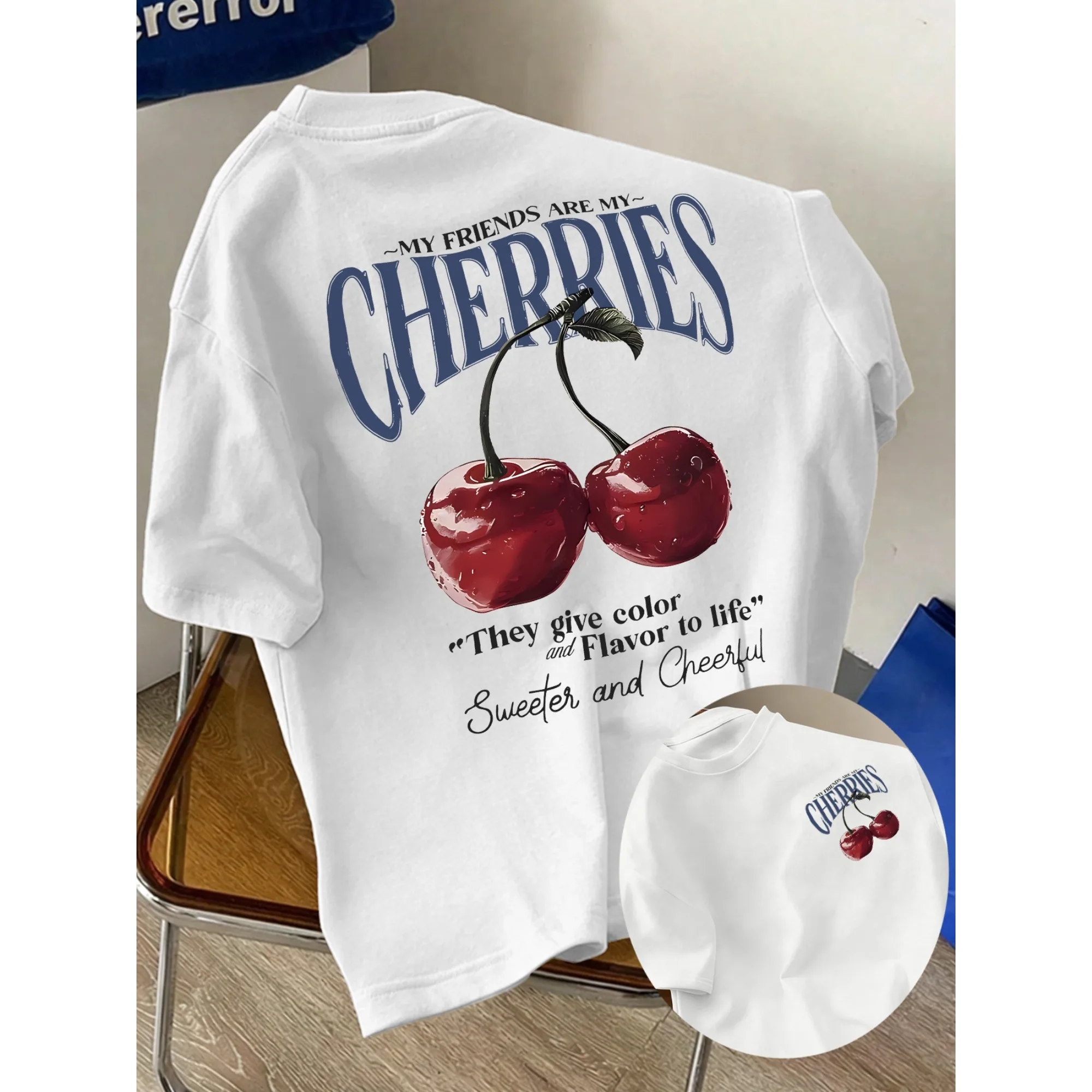 Men's New Style Pure Cotton Short-Sleeve T-Shirt with Cherry Print T-shirts  Fashionable and Casual Crew Neck  Men Clothing Top
