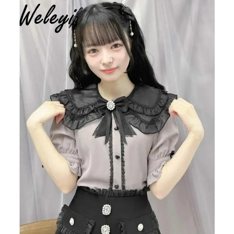 Japanese Style Rojita White Shirt Women's Summer Mine Style Double Layer Transparent Collar Ruffled Bow Blouse for Women 2024