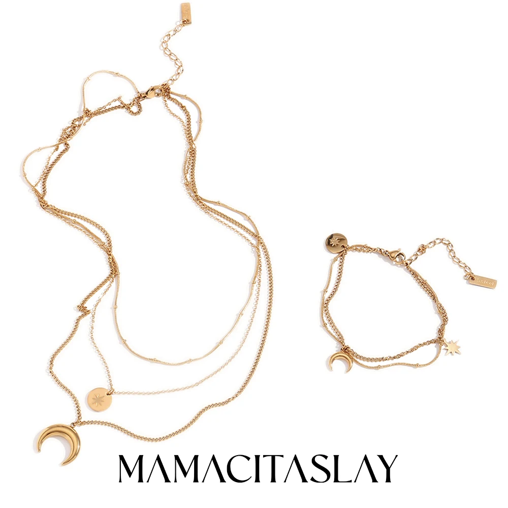 

MamacitaSlay Classic Star Moon Three Layers Stacking Necklace trendy women's stainless String Moon Charm Bracelet steel jewelry