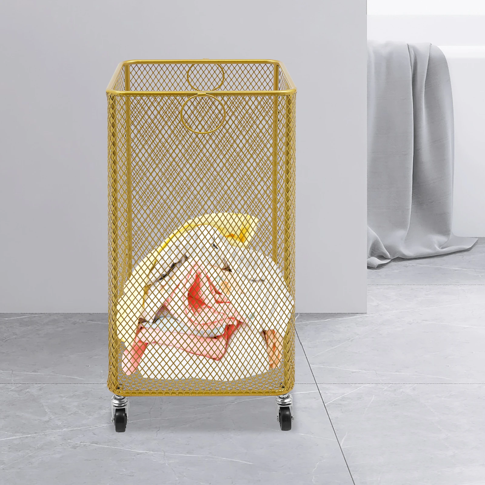 سلة غسيل شبكية معدنية مربعة بعجلات، عربة سلة غسيل متينة للملابس، منظم تخزين للمنزل