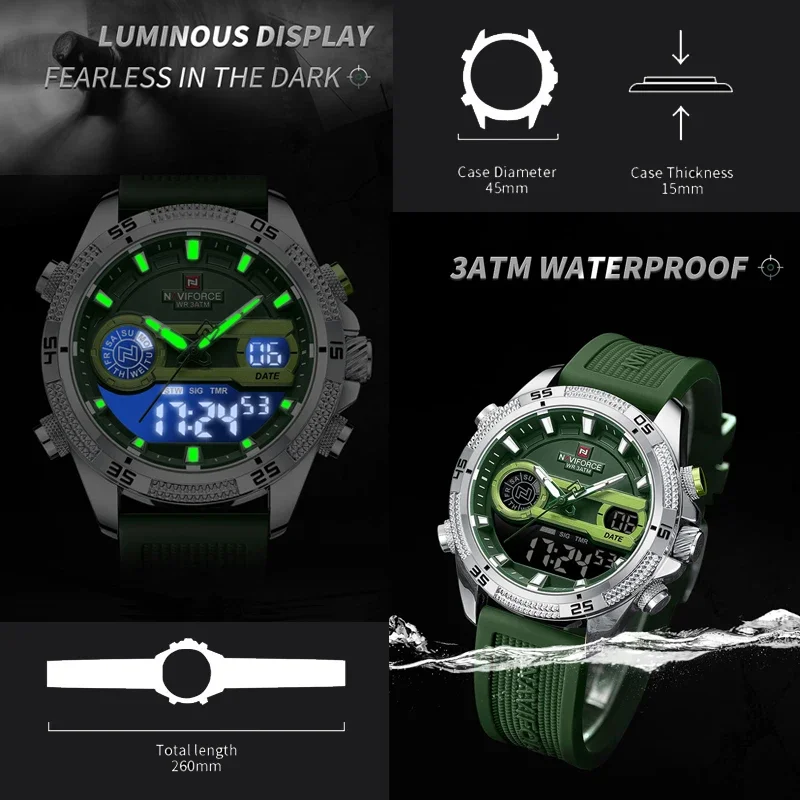 NAVIFORCE-Reloj de pulsera deportivo luminoso para hombre, cronógrafo de cuarzo con correa de silicona salvaje, resistente al agua, doble pantalla,