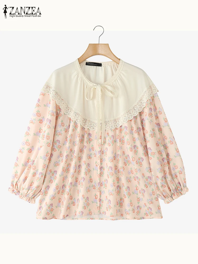 

ZANZEA Bohemian Lace Patchwork Tops Floral Print Lantern Sleeve Color-Blocked Elegant Chemise Femme Woman Spring Fashion Shirts