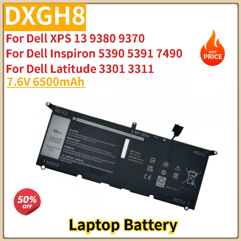 New DXGH8 Laptop Battery 7.6V 6500mAh for Dell Inspiron 7490 XPS 13 9370 9380 7390 Vostro 5390 5391 HK6N5 Latitude 3301 3311