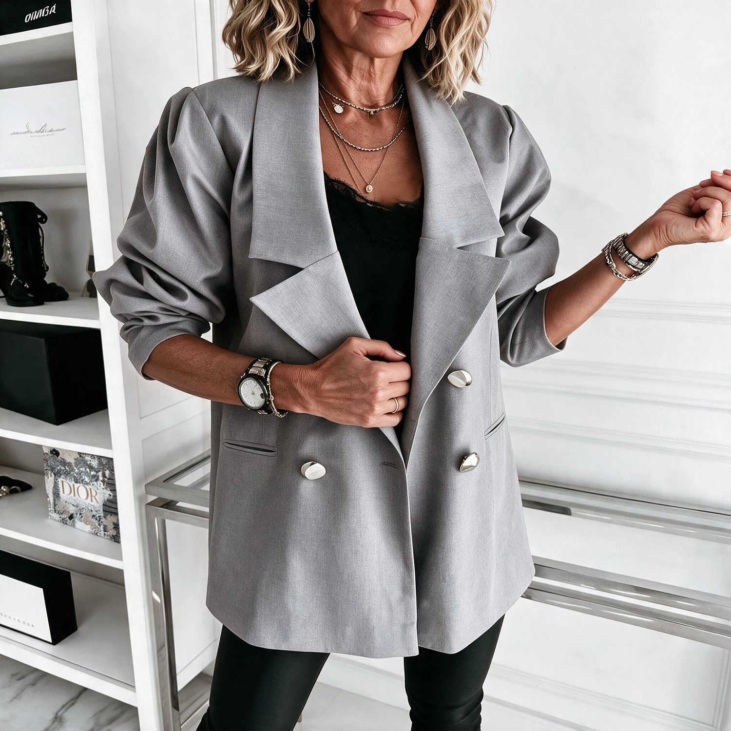 Women Oversized Double Breasted Blazer, Notched Lapel Long Sleeve Mid Length Suit Jacket, Casual Office Outerwear