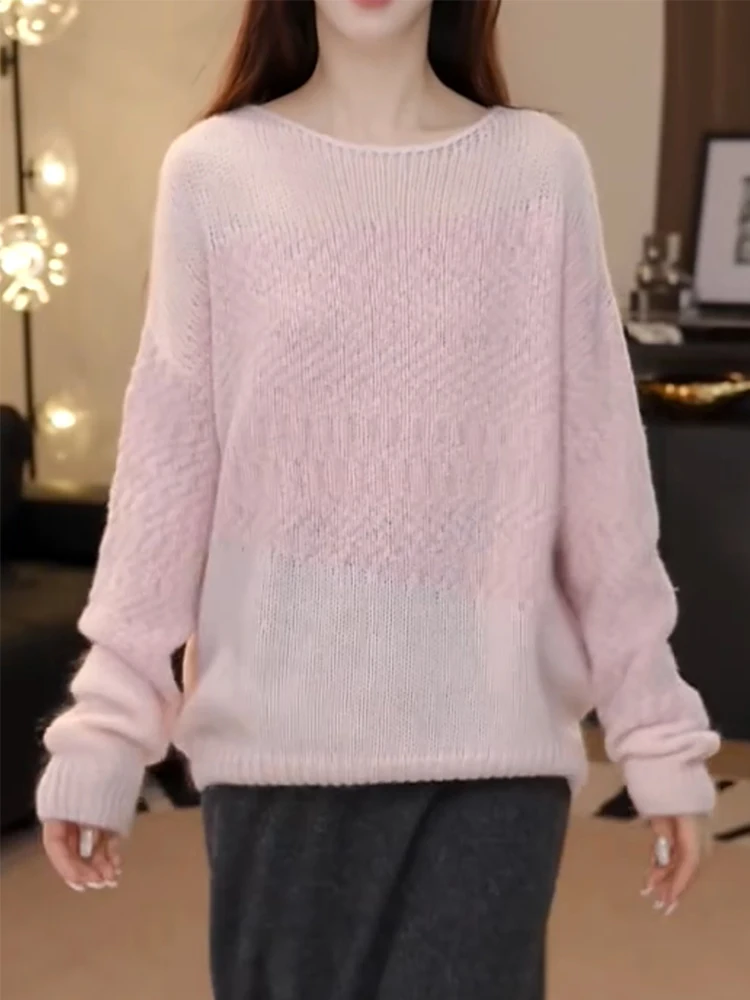 

Уютный вязаный топ с вырезами для женщин больших размеров, розовый, универсальный, теплый, с длинным рукавом, круглым вырезом, для офиса и повседневной носки