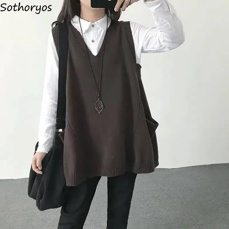 

Women Sweater Vest Popular M-3XL Elegant Retro Vintage V-neck Solid Loose Gentle Tops Pullover Japanese Style Leisure Female